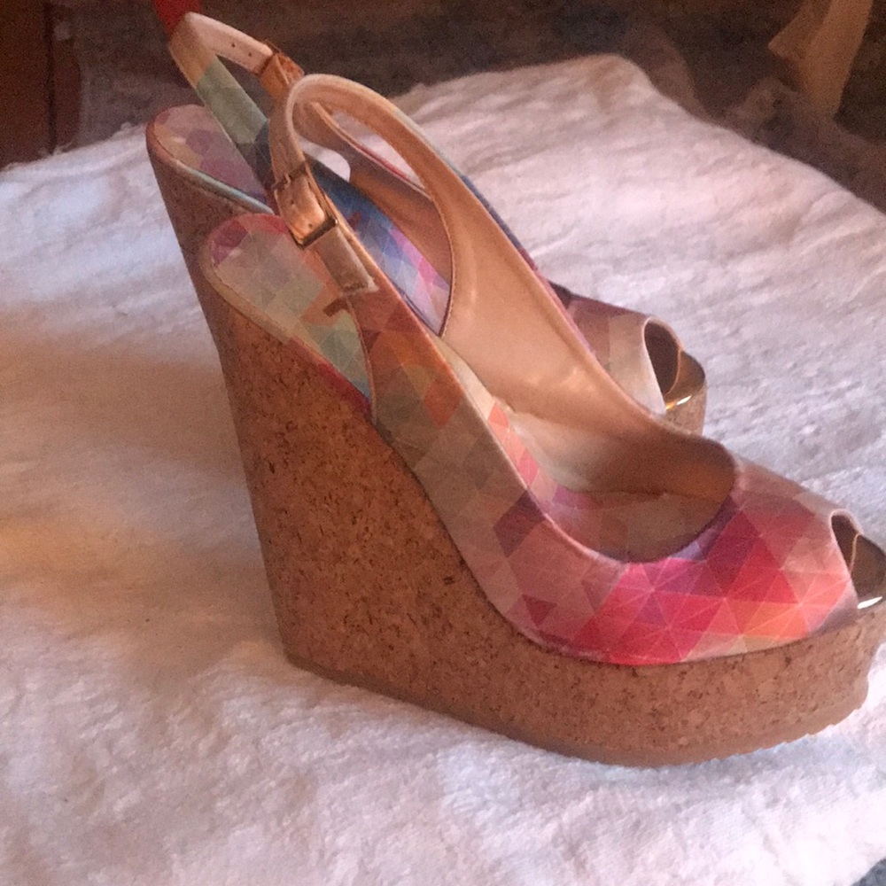 FSJ Multicolor Cork Wedges Peep Toe Platform Pumps